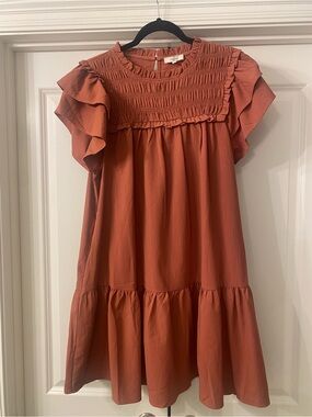 entro Rust Orange Smocked Ruffle-Sleeve Casual Dress